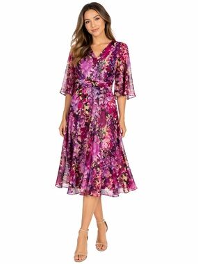 Laundry by Shelly Segal size 8 Floral Midi Dress - Purple Pink Print